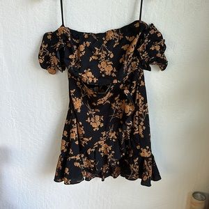 Vintage black and gold floral off the shoulder dress